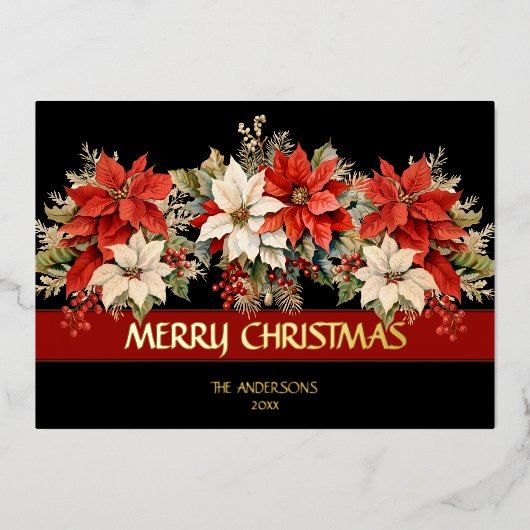 Elegante Poinsettias Vrolijk Kerstfeest Folie Feestdagenkaart (Voorkant)