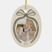 Elegante Polka Dot Christmas Bow Photo Keepsake Keramisch Ornament (Voorkant)