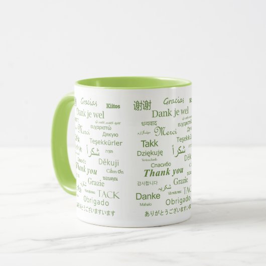 Elegante polyglot "dank u" groene typografie mok (Voorkant links)