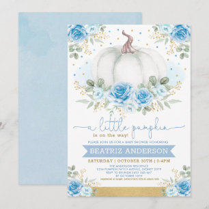 Elegante Pompoen Blauw Bloemen Rozen Herfst Baby s Kaart