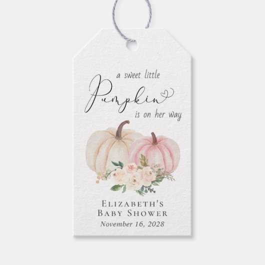 Elegante pompoen bloemenbaby meisje douche cadeaulabel (Voorkant)