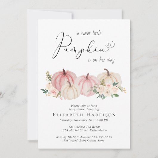 Elegante pompoen bloemenbaby meisje douche kaart (Voorkant)