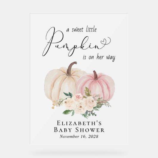 Elegante pompoen bloemenbaby meisje douche welkom acryl bord (Voorkant)