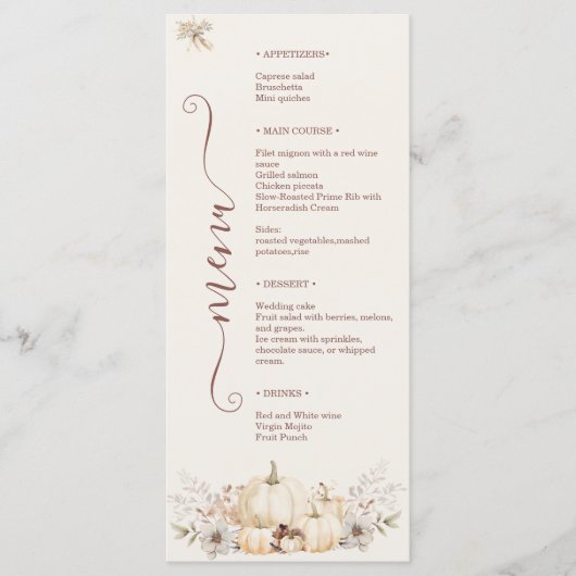 Elegante pompoen bloemenbruiloft menu (Voorkant)