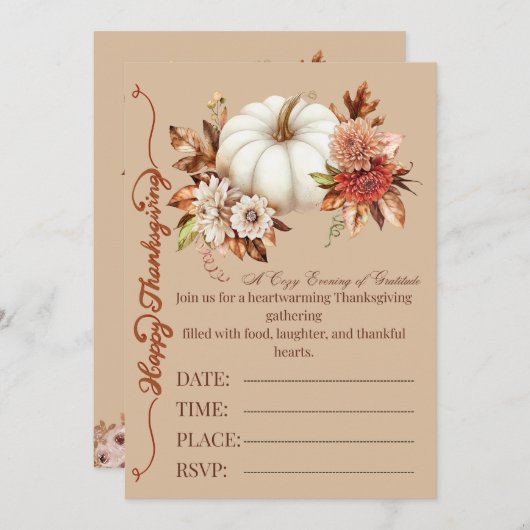 Elegante Pompoen Herfst Bloemige Uitnodiging (Voorkant / Achterkant)