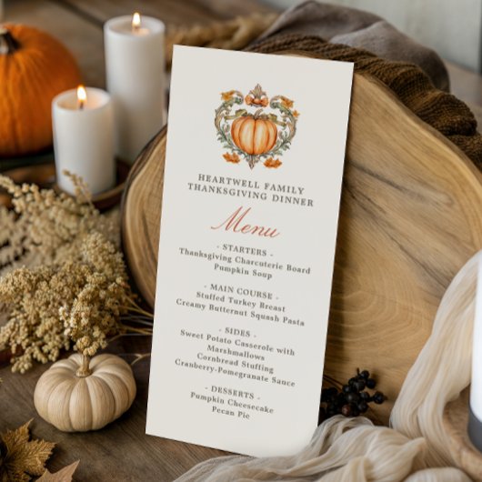 Elegante Pompoen Kam Script Thanksgiving Diner Menu