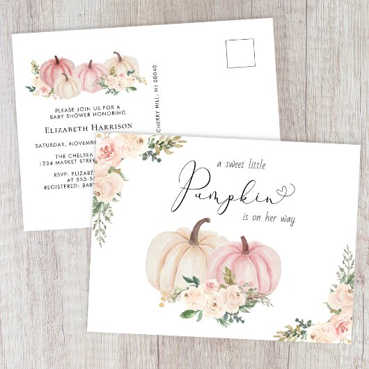 Elegante pompoen roze bloemenbaby meisje douche uitnodiging briefkaart