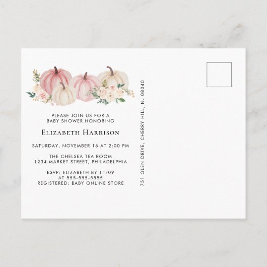 Elegante pompoen roze bloemenbaby meisje douche uitnodiging briefkaart (Achterkant)