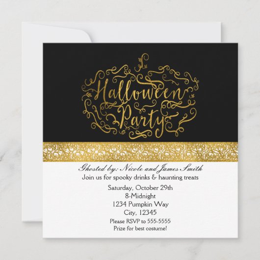 Elegante Pompoen Zwart Wit & Goud Uitnodigingen (Voorkant)