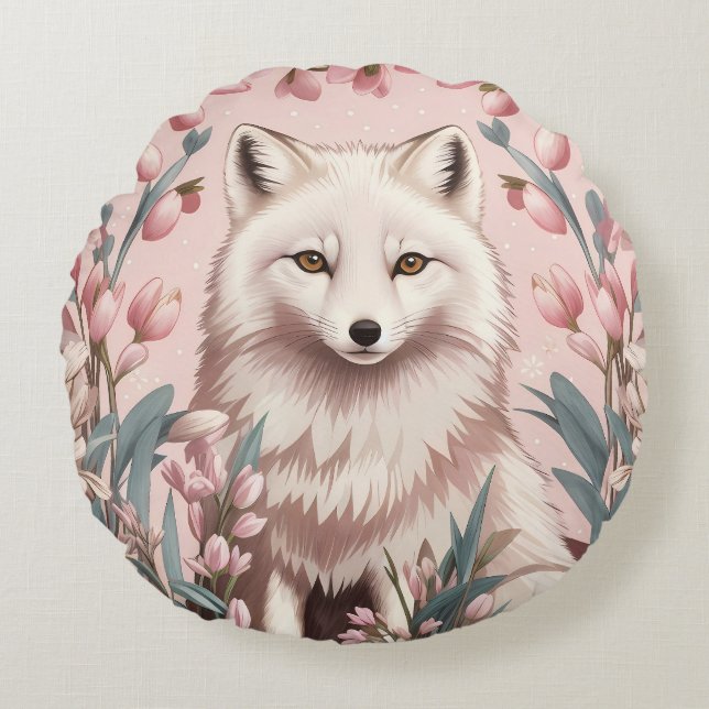 Elegante Poolvos Roze Bloemen Rond Kussen (Voorkant)