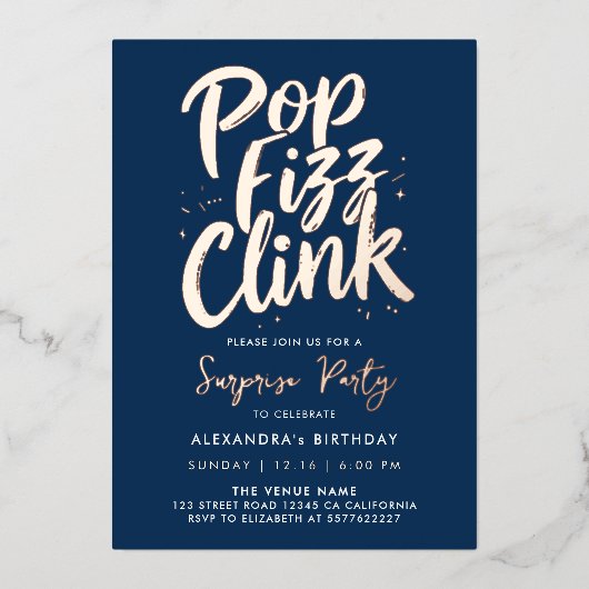 Elegante Pop Fizz Clink Navy Blauwe Bedrijfs Schri Folie Uitnodiging (Voorkant)