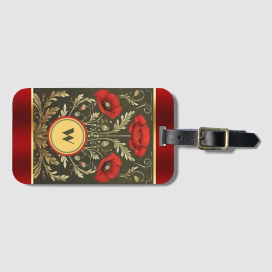 Elegante Poppies Gestreept Goud Rood Monogram Init Bagagelabel (Voorkant (horizontaal))
