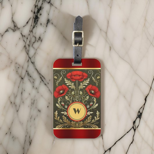 Elegante Poppies Gestreept Goud Rood Monogram Init Bagagelabel