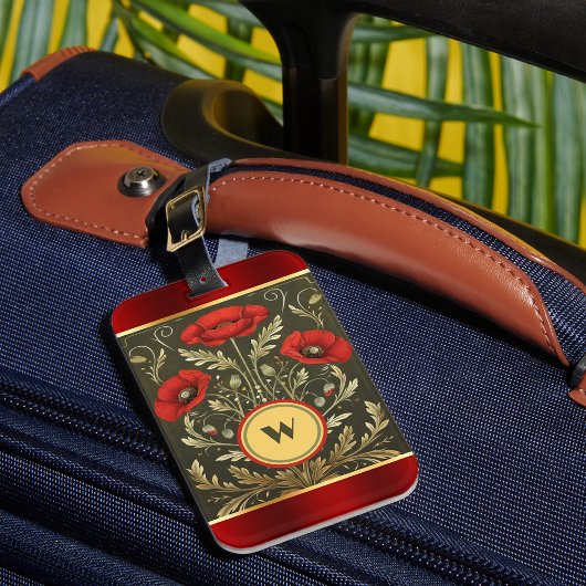 Elegante Poppies Gestreept Goud Rood Monogram Init Bagagelabel