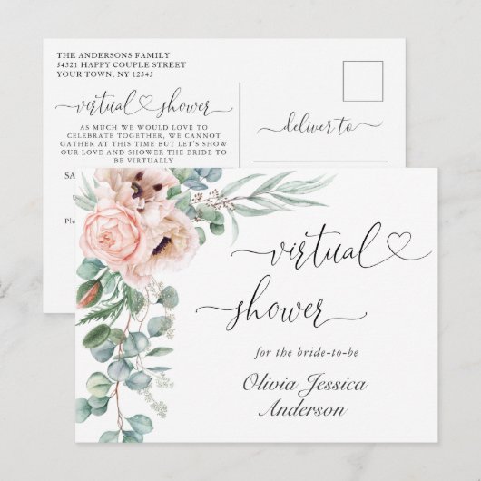 Elegante Poppy Eucalyptus Bruids VIRTUELE Douche Briefkaart (Voorkant / Achterkant)