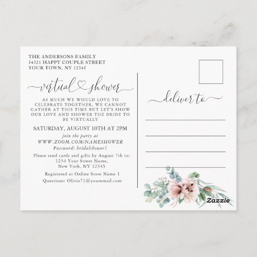 Elegante Poppy Eucalyptus Bruids VIRTUELE Douche Briefkaart (Achterkant)