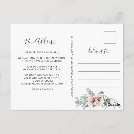 Elegante Poppy Eucalyptus Moving Aankondiging Briefkaart (Achterkant)