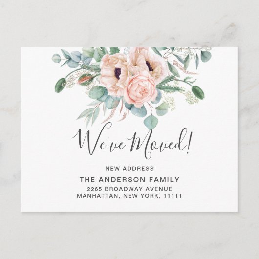 Elegante Poppy Eucalyptus Moving Aankondiging Briefkaart (Voorkant)