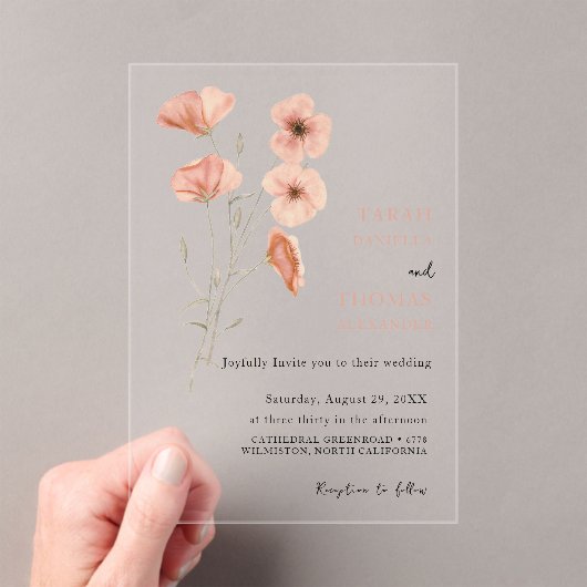 Elegante Poppy Meadow Sinaasappel Flowers Wedding Acryl Uitnodigingen (Insitu (Draagbaar))