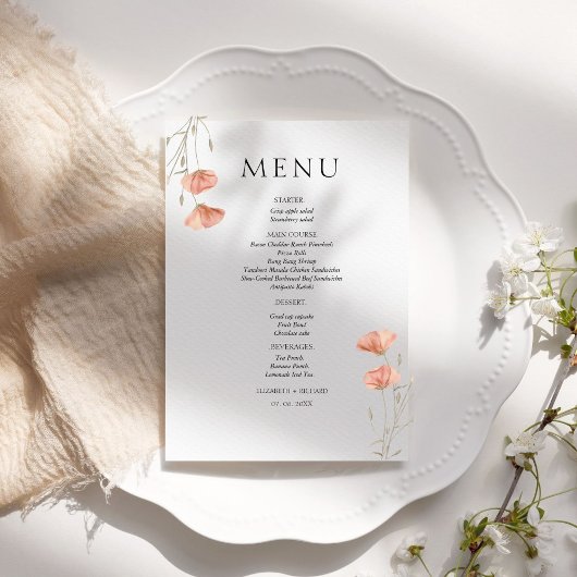 Elegante Poppy Meadow Sinaasappel Flowers Wedding Menu
