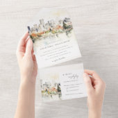 Elegante Portland Oregon Skyline Waterverf bruilof All In One Uitnodiging (Afscheurbaar)