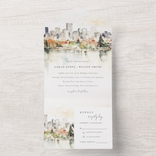 Elegante Portland Oregon Skyline Waterverf bruilof All In One Uitnodiging (Binnen)