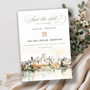 Elegante Portland Oregon Skyline Waterverf bruilof Save The Date