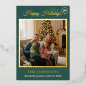 Elegante postzegel vierkante foto groen goud folie feestdagenkaart (Voorkant)