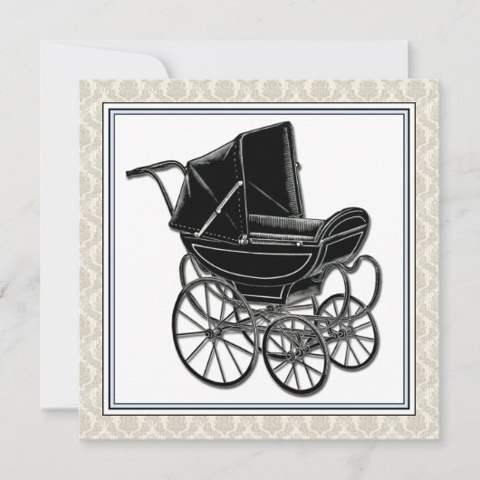 Elegante  Pram Beige Damask Baby shower Kaart (Voorkant)