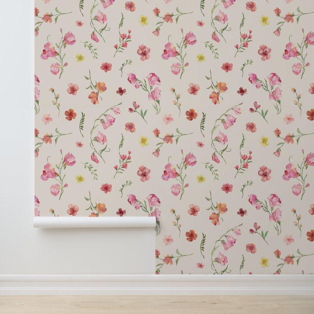 Elegante premie | Waterverf Bloemen op Beige Behang (Applicatie)