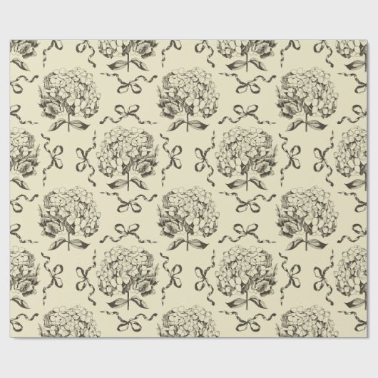 Elegante Preppy Beige Toile Hydrangea Bow Pattern Cadeaupapier (Vlak)