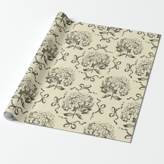 Elegante Preppy Beige Toile Hydrangea Bow Pattern Cadeaupapier (Uitgerold)