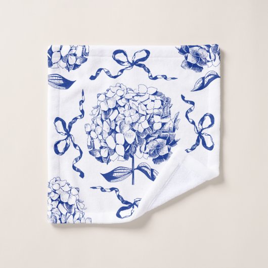 Elegante Preppy Blue Hydrangea Bow Toile Pattern Bad Handdoek (Wasdoekje)