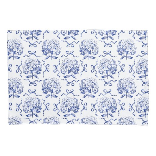 Elegante Preppy Blue Hydrangea Bow Toile Pattern Kussensloop (Voorkant)