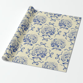Elegante Preppy Blue Toile Hydrangea Bow Pattern Cadeaupapier