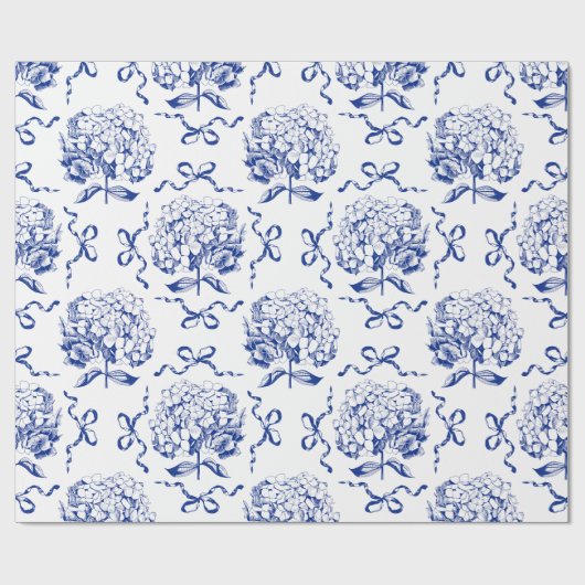 Elegante Preppy Blue Toile Hydrangea Bow Pattern Cadeaupapier (Vlak)