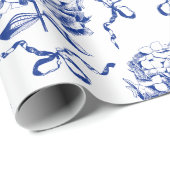 Elegante Preppy Blue Toile Hydrangea Bow Pattern Cadeaupapier (Rol Hoek)