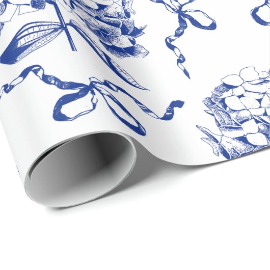 Elegante Preppy Blue Toile Hydrangea Bow Pattern Cadeaupapier (Rol Hoek)