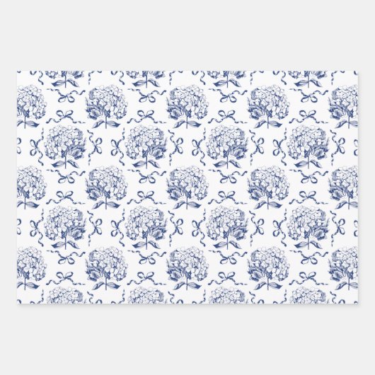 Elegante Preppy Blue Toile Hydrangea Bow Pattern Inpakpapier Vel (Voorkant 2)