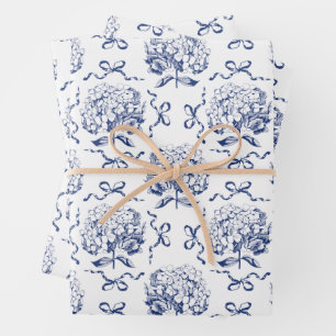 Elegante Preppy Blue Toile Hydrangea Bow Pattern Inpakpapier Vel