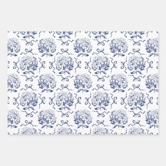 Elegante Preppy Blue Toile Hydrangea Bow Pattern Inpakpapier Vel (Voorkant)