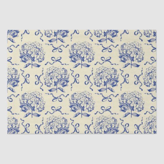 Elegante Preppy Blue Toile Hydrangea Bow Pattern Tissuepapier (Voorkant)