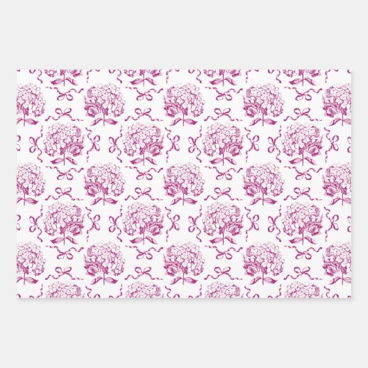 Elegante Preppy Hydrangea Bow Roze Toile Patroon Inpakpapier Vel (Voorkant 3)