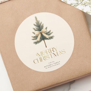 Elegante Prettig Kerst Dennenboom Strik Familie Ronde Sticker