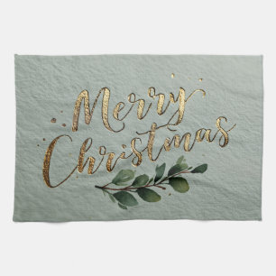 Elegante "Prettig Kerstfeest"-script met goudfolie Theedoek