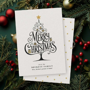 Elegante “Prettig Kerstfeest” Typografie Boom Fami Feestdagenkaart