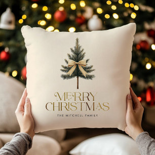 Elegante Prettig Kerstmis Dennenboom Strik Familie Kussen