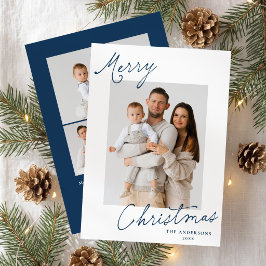 Elegante Prettig Kerstmis Marineblauw Schrift Foto Feestdagenkaart