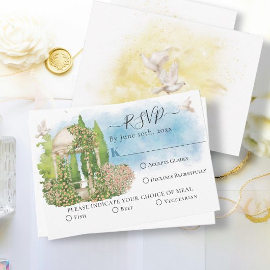 Elegante prieelbloemen, duiven Zomer bruiloft RSVP Kaart