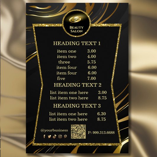 Elegante Prijslijst Zwart & Goud Schoonheidssalon Flyer